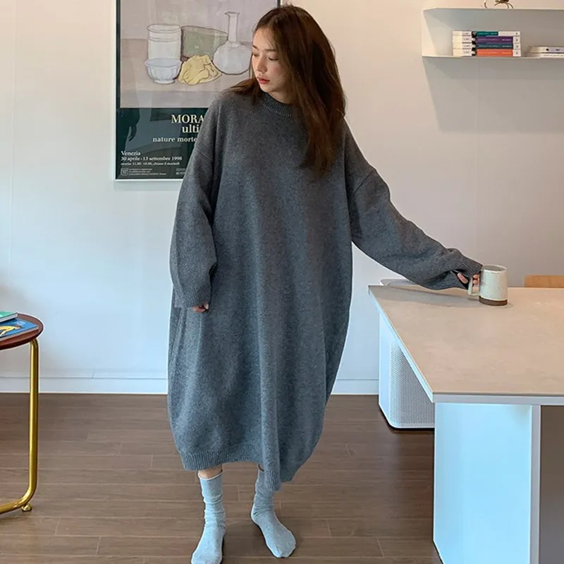 NEW Autumn Sweater Women Dress Winter Long sleeve Sweater Knitted Dresses Long loose Maxi Oversize Dresses Knitting Robe Vestido 210203