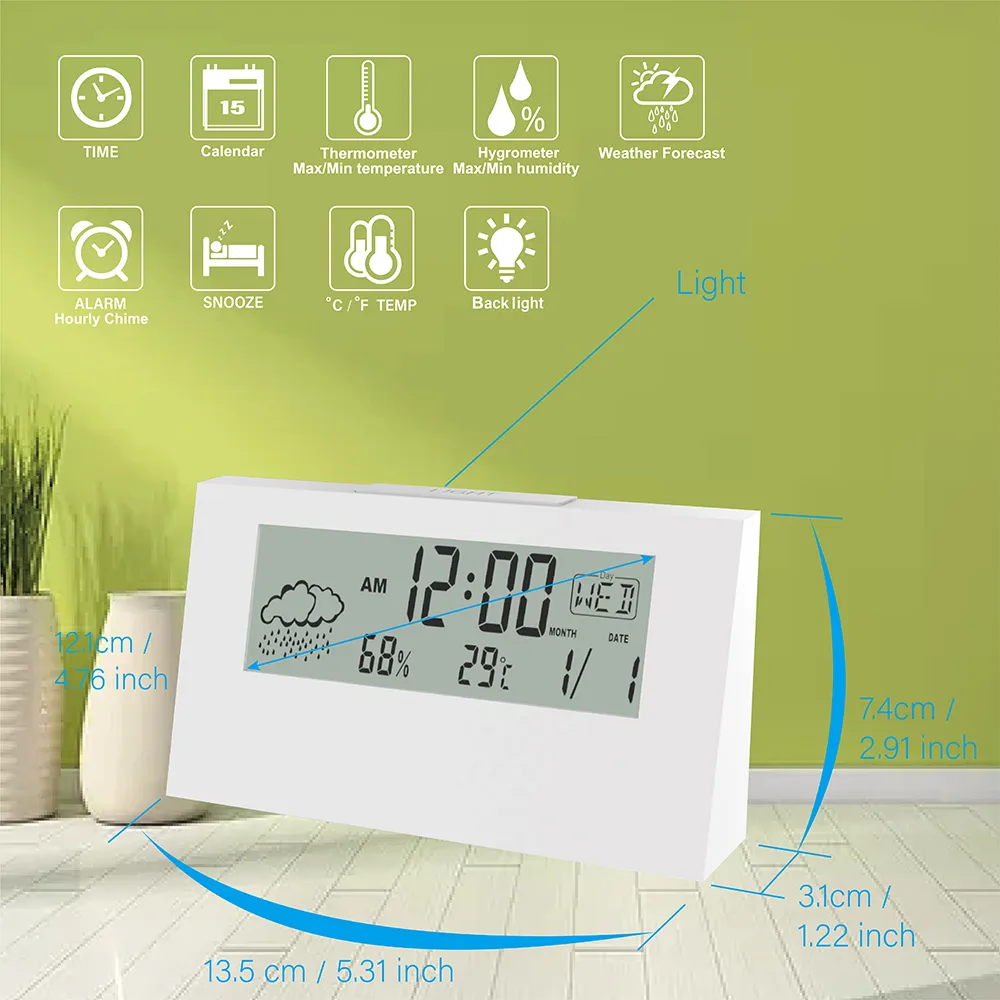 カレンダーとデジタル温度湿度が付いている電気LCDの机の目覚まし時計白いホームオフィスの時計の腕時計の電池を操作201222