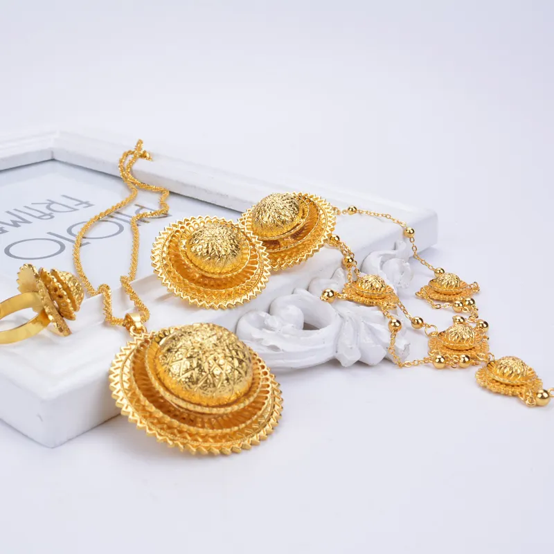 Shamty Conjuntos de joias de noiva etíope, cor dourada pura, brincos de casamento africanos, colares, conjunto de cocar, estilo Habesha, A30036 2155v