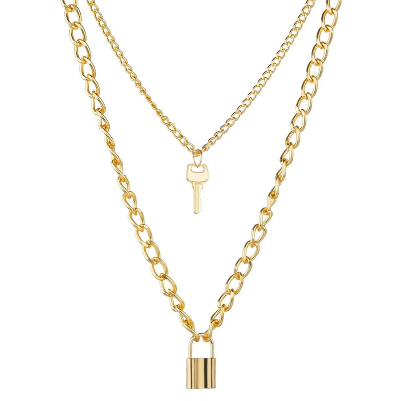 Collier pendentif cadenas à clé pour femmes, collier avec serrure en or et argent, chaîne superposée sur le cou avec serrure, Punk, bijoux 251S