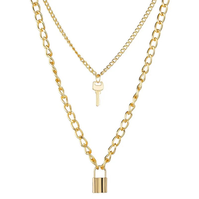 Key Padlock Pendant Necklace For Women Gold Silver Lock Necklace Layered Chain på nacken med låspunksmycken222e