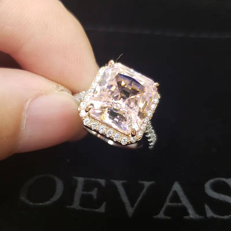 OEVAS 100% 925 plata esterlina brillante 10 * 11 mm rosa anillos de boda de diamantes de alto carbono para mujeres fiesta joyería fina al por mayor J0112