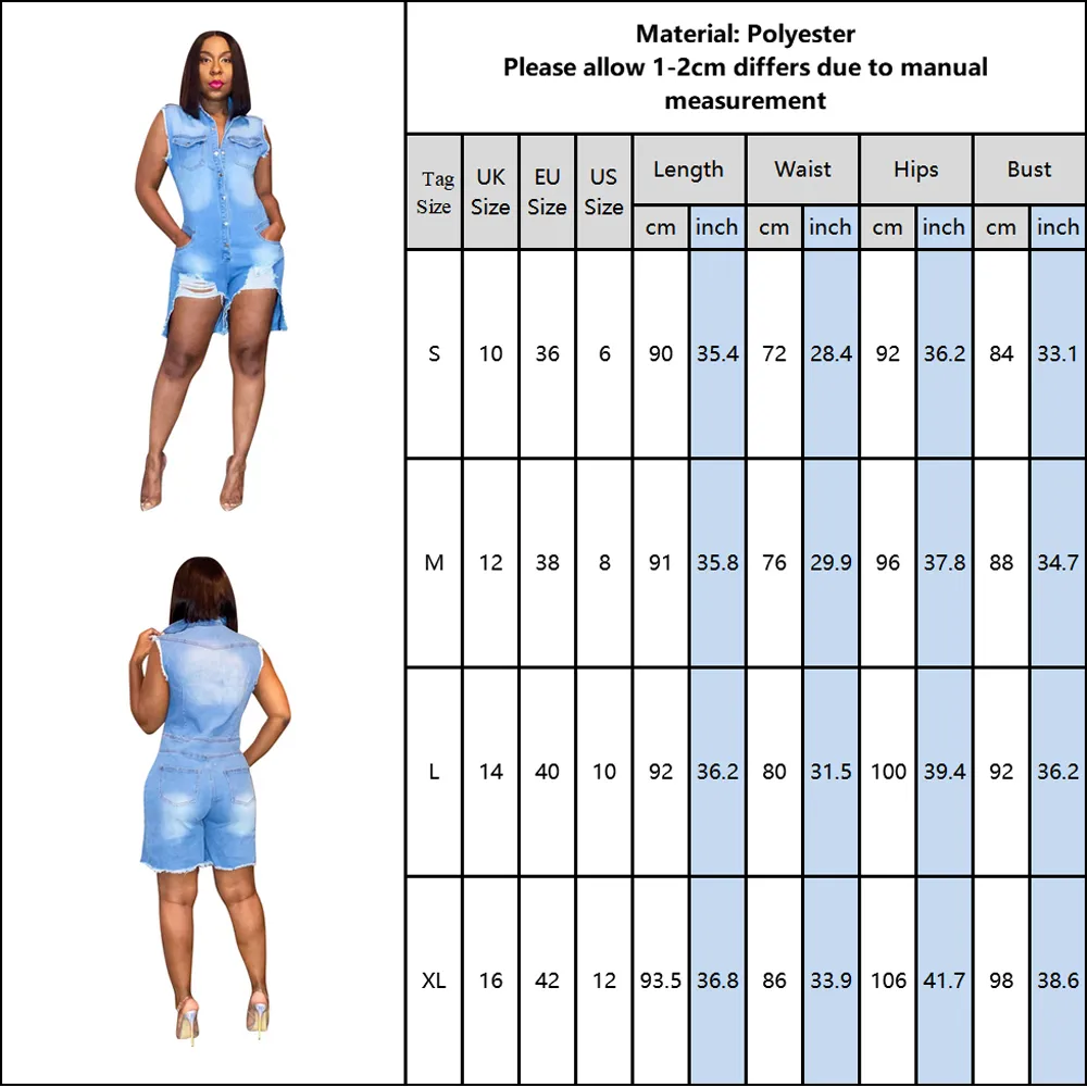 Denim Jumpsuits Single Button Hole Sexy Playsuits Frauen Sommer ärmellose Overalls Strampler Streetwear Casual Pocket Playsuits 30 T200704