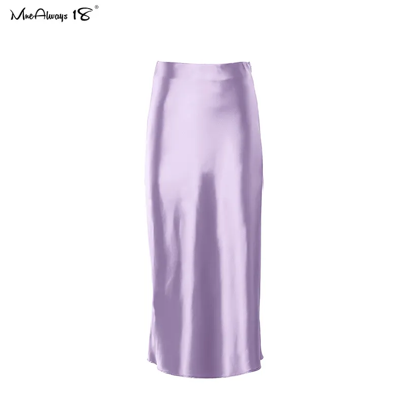 Mneealways18 Falda de seda de satén púrpura sólida Mujeres de cintura alta de cintura de verano larga y elegante oficina oficina midi primavera 220310