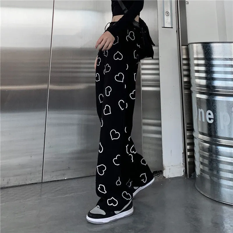 HOUZHOU Hip Hop Wide Leg Pant Vintage Korean Style Oversize Trousers For Female Fashion Spring Harajuku Heart Print 220211