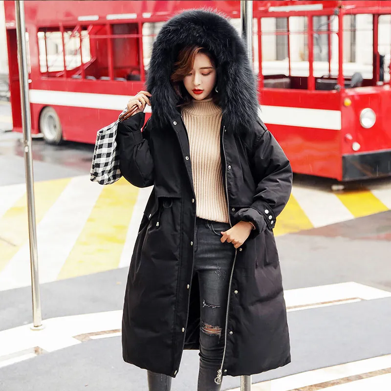 2020 зимняя мода корейский пуховик меховой воротник толстый черный капюшон большой размер женщин зима теплая пух пучок пуховики LJ201021