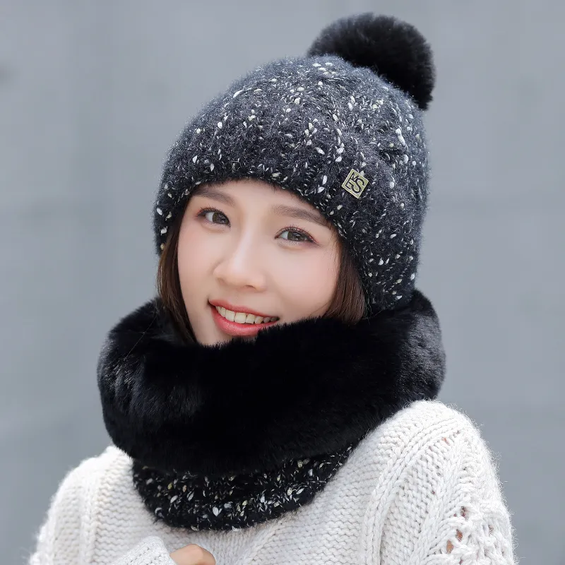 니트 달콤한 점 사랑스러운 눈송이 모자와 밍크 플러시 스카프 세트 겨울 여자 모자 두꺼운 따뜻한 두개골 비니 여성 271i