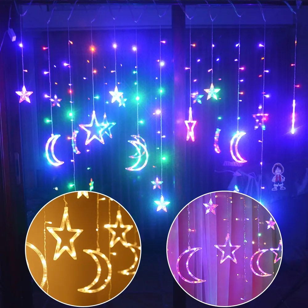 Venda LED Star Moon Cortina Luzes Christmas Garlands String Fairy Lights 220V Ao Ar Livre para Casamento Festa de Natal Decoração de Ano Novo 201203
