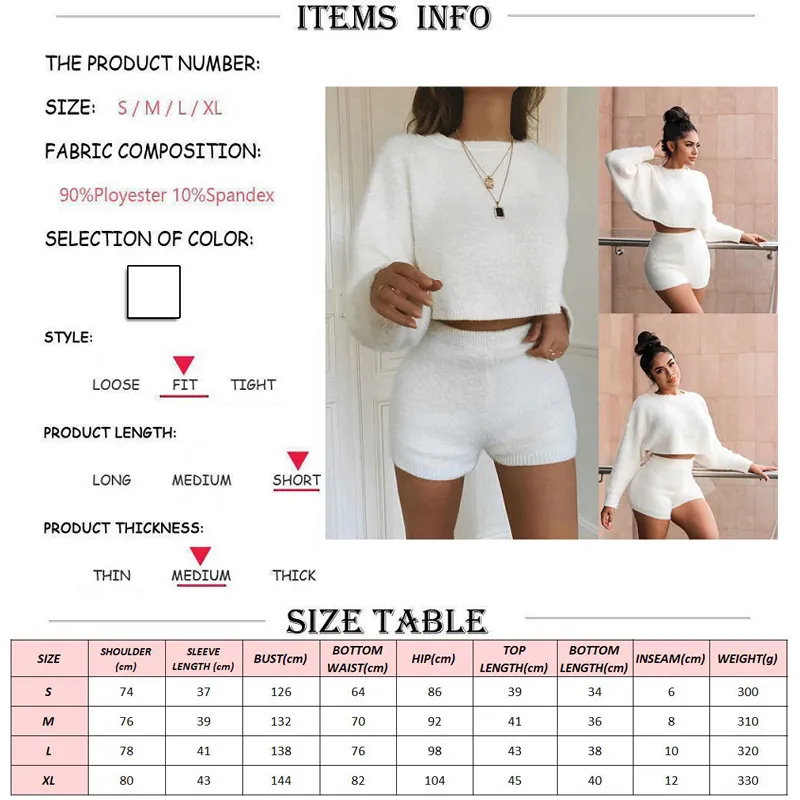 Women-Soft-Fluffy-2-Piece-Set-O-Neck-Long-Sleeve-Crop-Top-High-Waist-Skinny-Shorts (2)