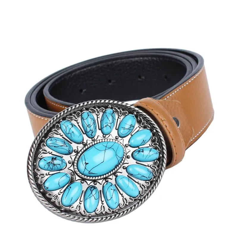 Belts Cowboy Belt Western Leather With Bohemian Faux Turquoise Buckle Black Brown287e