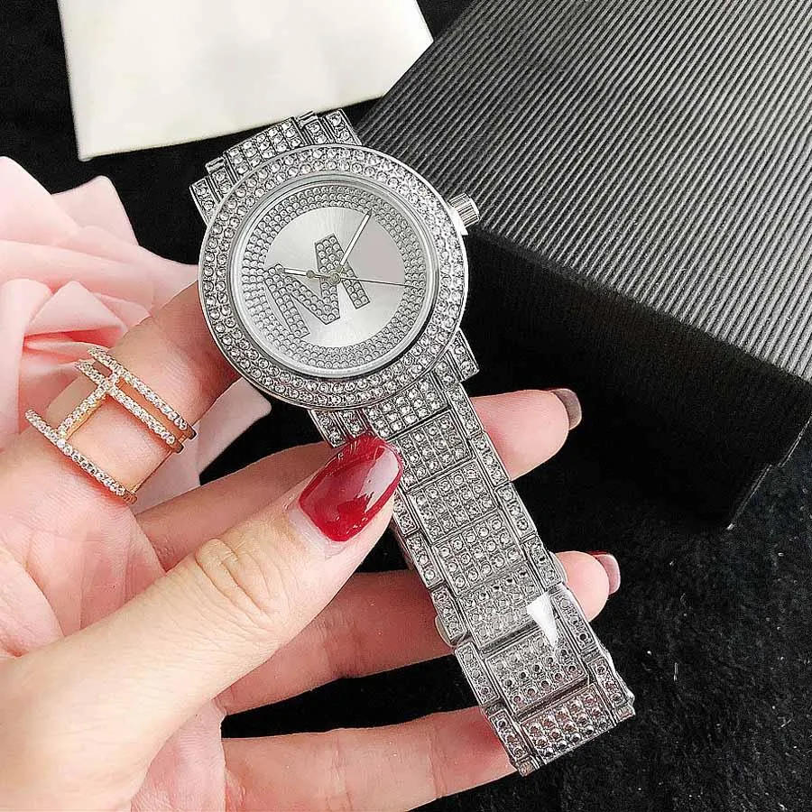 Elegant woman Lady Girl Diamond Crystal Big Letters Style Metal Steel Band Quartz Wrist Watch Brand gift charming grace durable highly quality