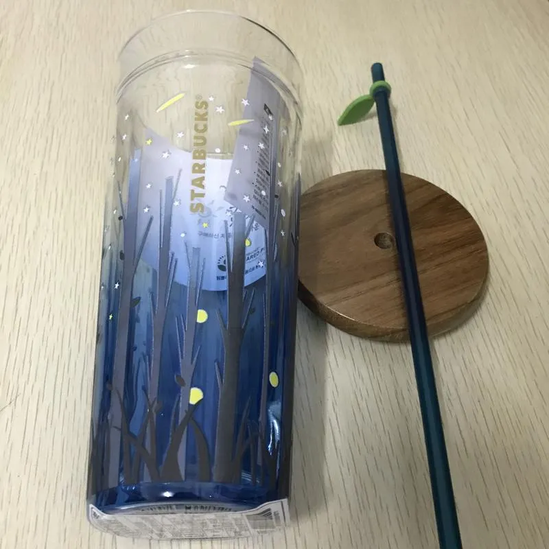 Limited Edition Mugs Wooden Lid Starry Sky Firefly Glass Straw Cup Large Capacity2661