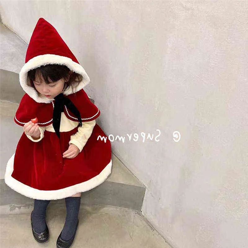 赤ちゃんの女の子のクリスマスのドレス赤いベルベットのクローコートとドレスを設定子供服スーツ幼児ハロウィーン衣装211231