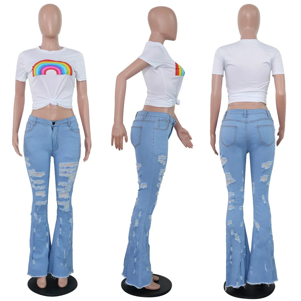 Tsuretobe Ripped för High Waisted Streetwear Bell Bottom Fashion Flare Jeans Tall Kvinnor Kläder 201106