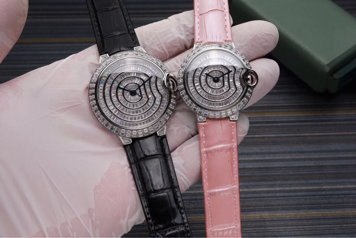 Klassieke vrouwen mannen quartz horloge roestvrij staal volste strass polshorloge voor paren geometrische lederen klok 36mm 42mm