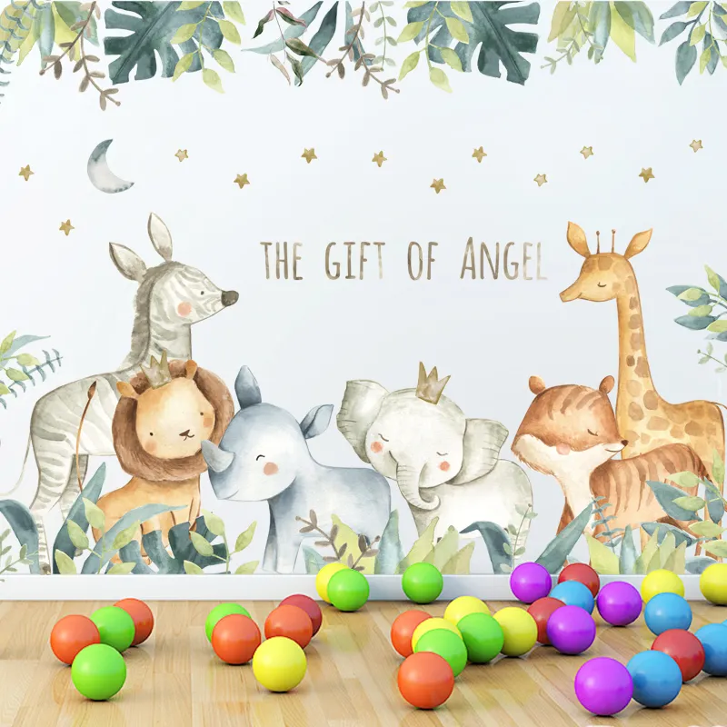 어린이 방을위한 만화 벽 스티커 기린 사자 코끼리 동물 가정 데칼 보육 유치원 베이비 룸 홈 장식 T200601