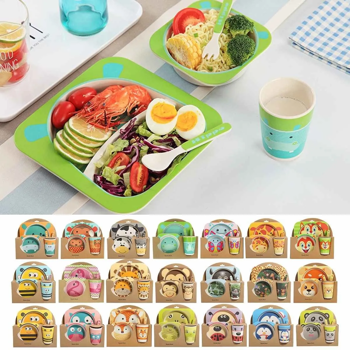 5 pezzi Set da tavola bambini Cartoon Fibra di bambù Ciotola + Tazza + Cucchiaio + Piatto + Forchetta Piatti l'alimentazione Stoviglie Y200111
