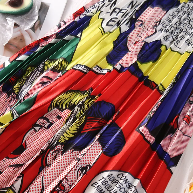 Women's Cartoon Print Skirts European Summer Printing High Waist A-line Big Swing Pleated Midi Skirts Harajuku Female SP526 T200712