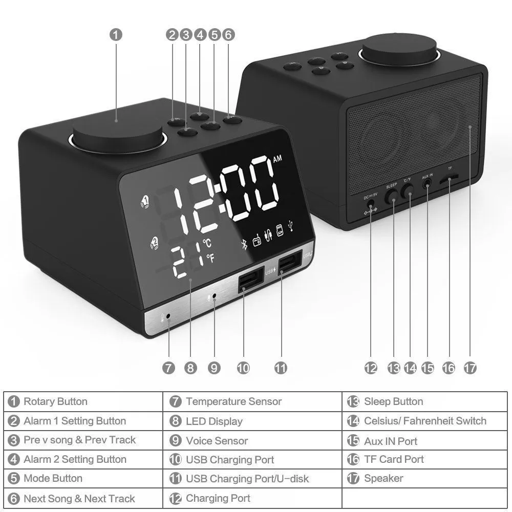 LED Digitaal Dubbel Alarm Spiegel Klok Draadloze Bluetooth Bass Speaker FM Radio + 2 USB Lader Poorten Muziekspeler Snooze Temperatuur 201222