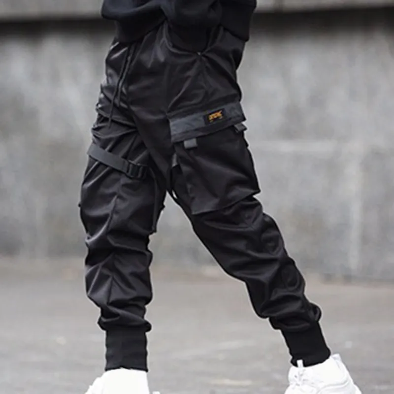 Erkekler Kurdela Renk Blok Siyah Cep Kargo Pantolon 2019 Harem Joggers Harajuku Sweatpant Hip Hop Pantolon F1210