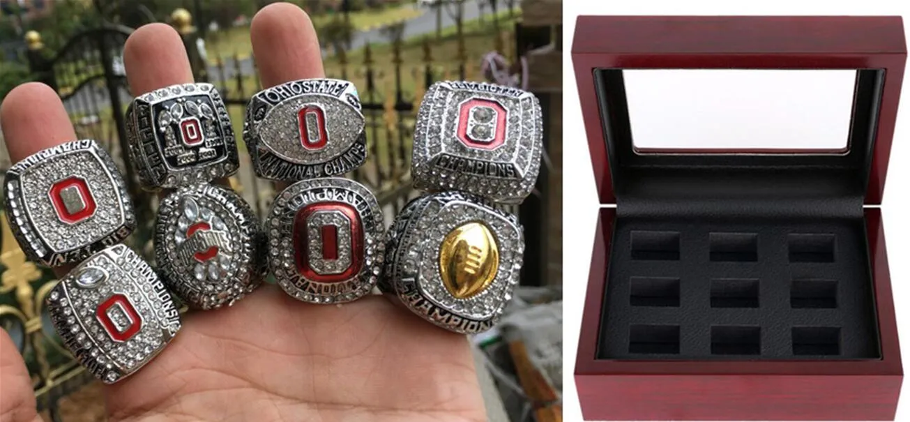 2002 2008 2009 2014 2015 2017 2017 Ohio State Buckeyes National Drużyna Zestaw Ring z drewnianym pudełkiem pudełka Mężczyźni 9668135