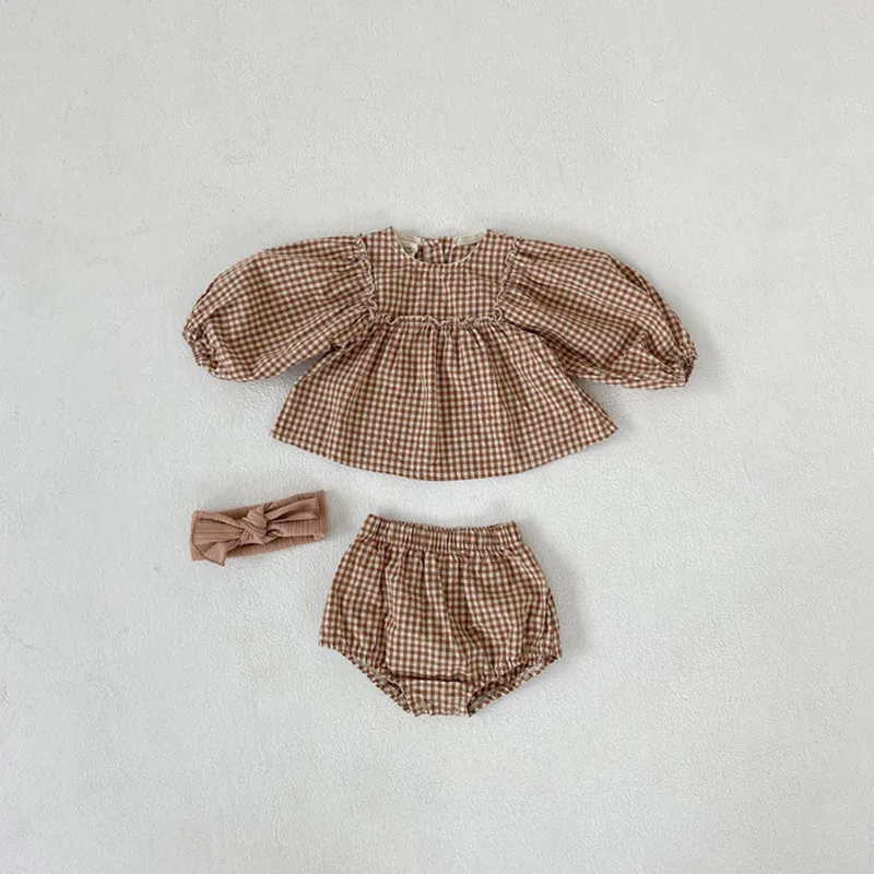 Milancel 아기 소녀 옷 작은 격자 무늬 유아 여자 옷 세트 퍼프 슬리브 블라우스와 블루머 유아 여자 정장 LJ201223