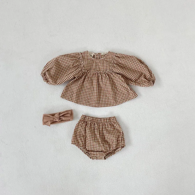 MILANCEL Baby Girls Vêtements Little Plaid Infant Girls Vêtements Ensemble Blouse à manches bouffantes et bloomer Costume de filles en bas âge LJ201223