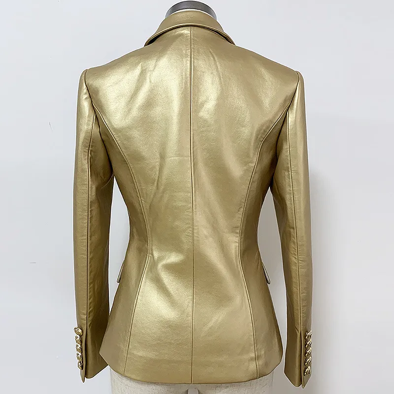 Högkvalitativ 2020 Baroques Designer Blazer Women s Double Breasted Metal Lion Buttons Gold Leather Jacket Blazer LJ200911