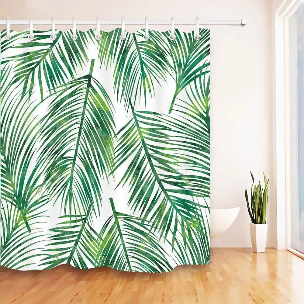Green Leaves White Shower Curtain Tropical Jungle Bathroom Nature Waterproof Mildew Resistant Polyester Fabric For Bathtub Decor 29838001