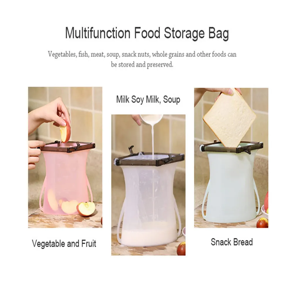 Organization Sets Food Storage Reusable Silicone Fresh Storage Bags Sealed Refrigerator Bag Fruit Milk Containers Kitchen Tools