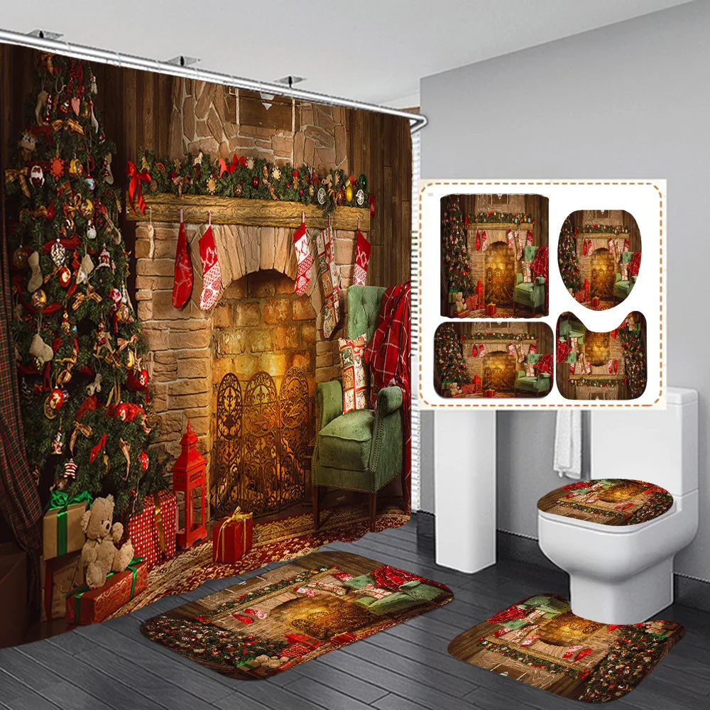 Arbres de Noël cheminée 3D rideau de douche tapis de bain tapis de toilette tapis antidérapant décor de Festival ensemble de salle de bain joyeux Noël F123972160