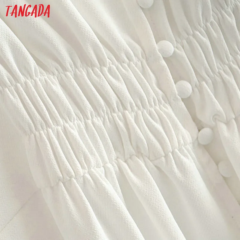 Tangada Kore Katı Beyaz Elbise Kadın V Boyun Uzun Kollu Pileli Vintage Kore Moda Gevşek Uzun Elbise Bayanlar Vestidos LJ200818