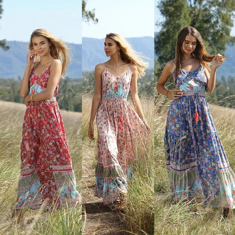 Raisevern Casual Boho Dress Women Summer Spaghetti Strap Beach Dress Sexy V Neck Women Maxi Dresses Long Vestidos T200416