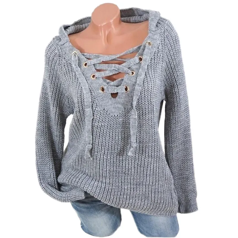 Kvinnors tröjor Autumn Pullover Bandage Sexig Vneck Womens Top Cross Strap Large Size Laceup Sweater 201221