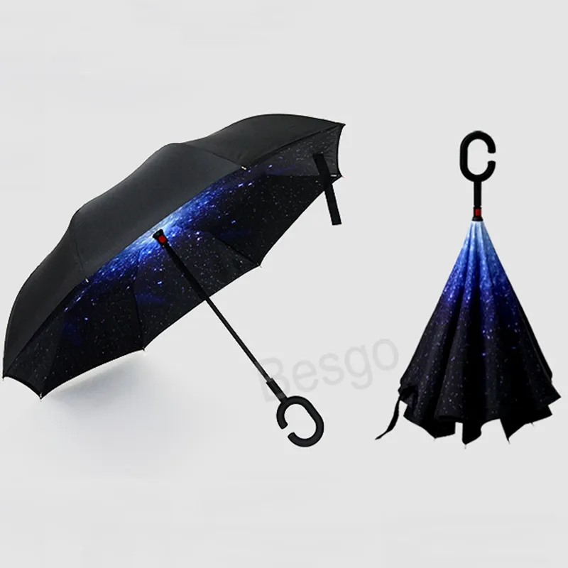 Dubbelskikt Inverterade paraplyer med C-handtag Omvänd vindtät Soligt paraply Unisex Bend Handles Paraply Portable Rain Gear BH6102 TYJ