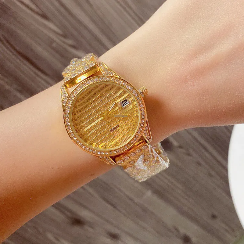 Marka mody kwarcowa zegarek na nadgarstek dla kobiet z kryształowym stylem metalowym stalowym zespołem R144 273L