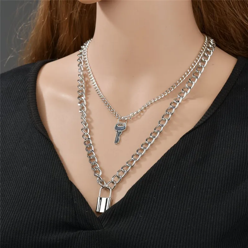 Collier pendentif cadenas à clé pour femmes, collier avec serrure en or et argent, chaîne superposée sur le cou avec serrure, Punk, bijoux 251S