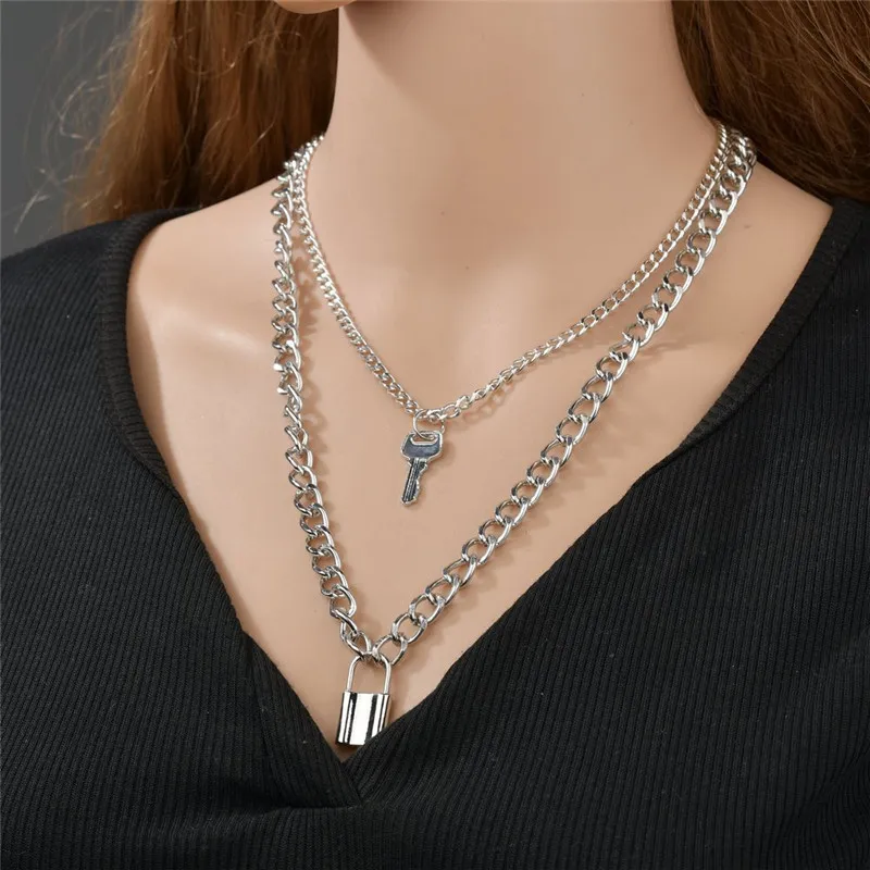 Key Padlock Pendant Necklace For Women Gold Silver Lock Necklace Layered Chain på nacken med låspunksmycken222e