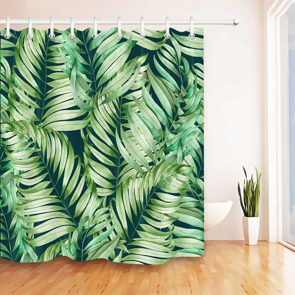 Green Leaves White Shower Curtain Tropical Jungle Bathroom Nature Waterproof Mildew Resistant Polyester Fabric For Bathtub Decor 29838001