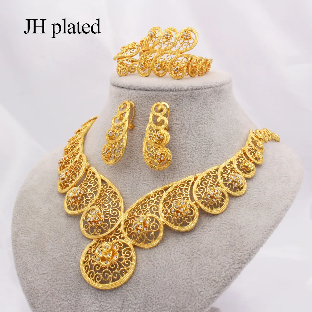 Set di gioielli color oro Dubai donne Africa Regali di nozze etiopi Collana orecchini anello Bracciale set gioielli feste 201224267B