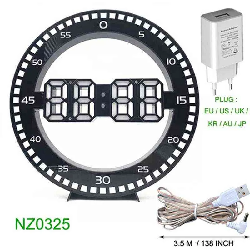 Alarme d'horloge murale LED lumineuse circulaire numérique 3D silencieuse avec calendrier, thermomètre de température pour la décoration de la maison H1230