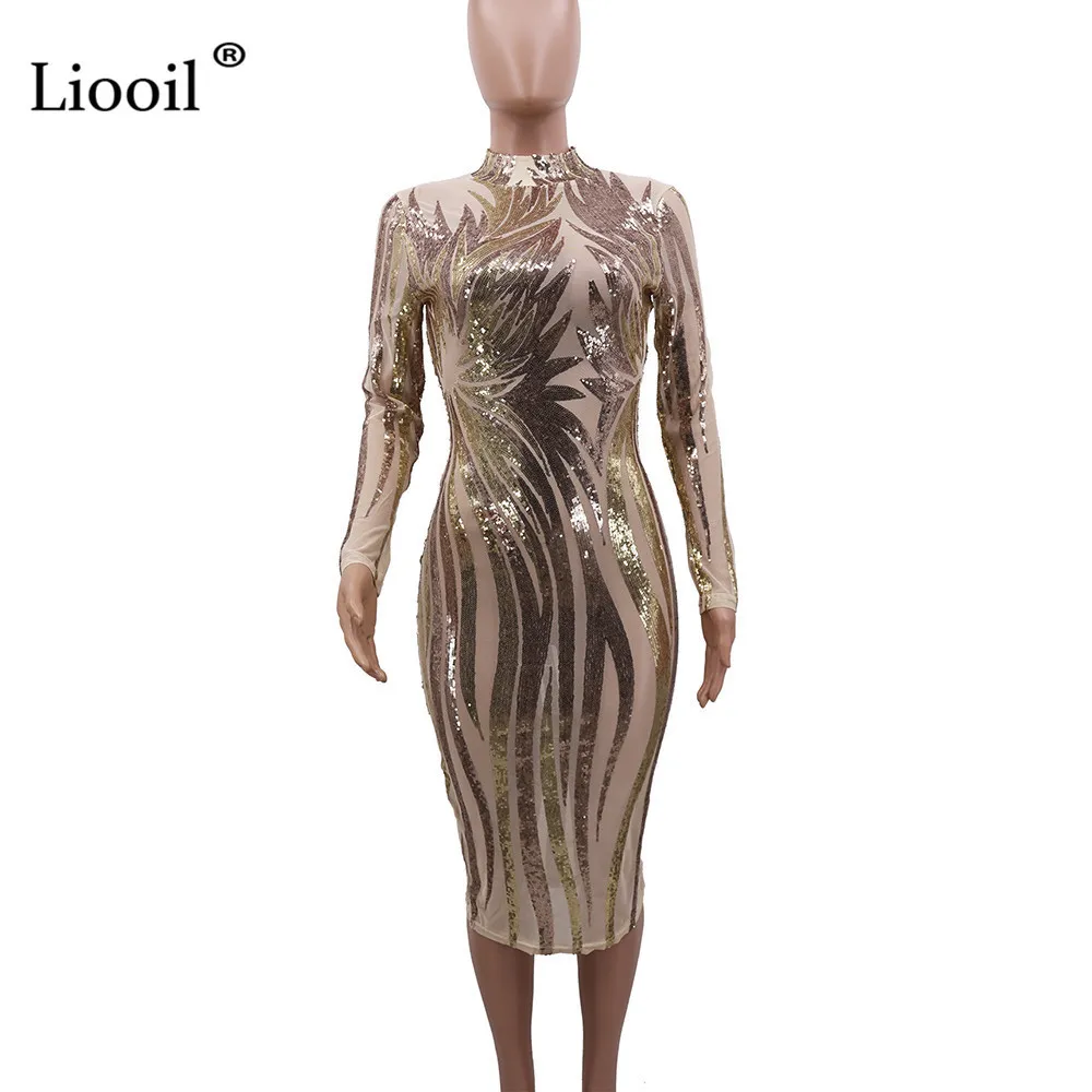 Black and Gold Sequin Dress Mesh Bodycon Midi Sexy Club Outfits 2020 Long Sleeve See Through Tight Dresses Woman Party Night LJ200818