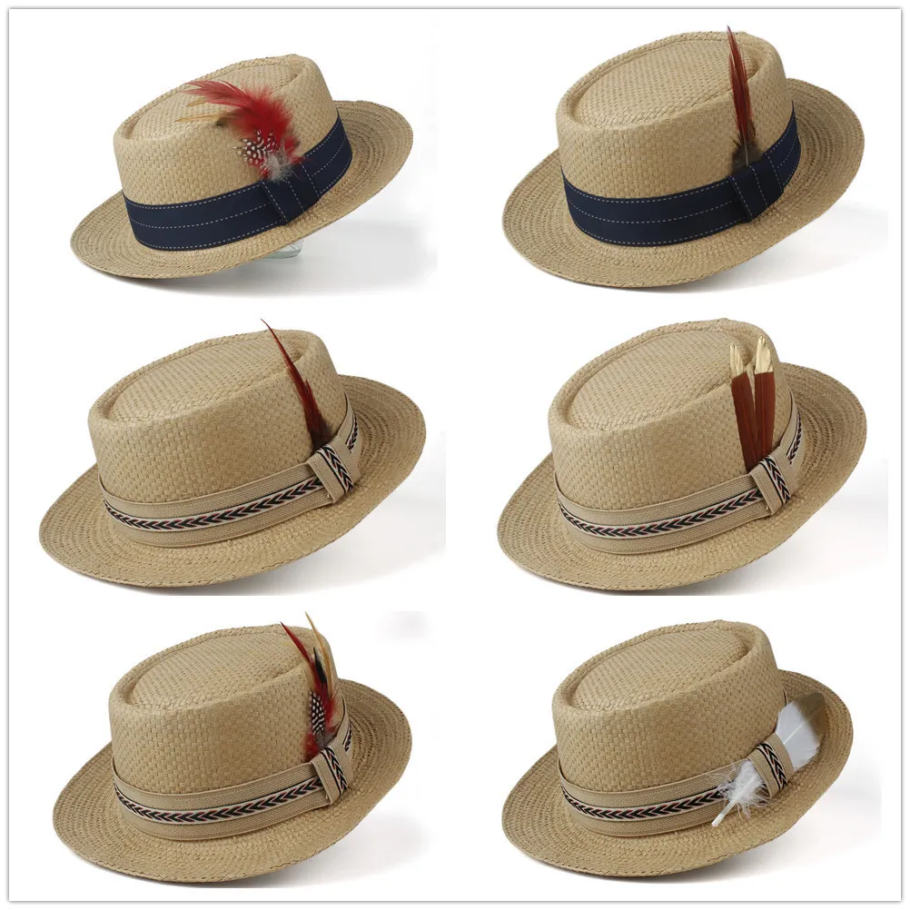 Große Frauen Männer Sonne Sommer Schweinefleisch Pie Sunbonnet Lady Flache Feder Strand Panama Sunhat Boater Hut Größe 57-60cm Y200602