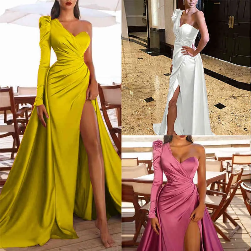Prom Wedding Party Dresses Women Evening Elegant Sexy One Shoulder Backless Satin Pleated Side Split Loose Long Maxi Dress 2022 Y220222