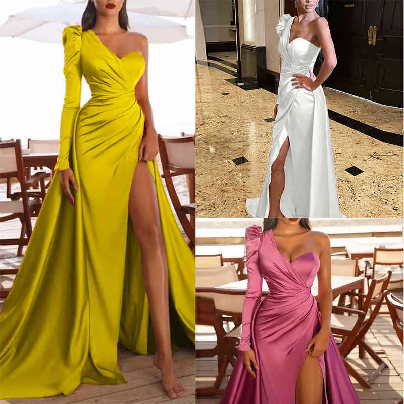 Prom Wedding Party klänningar kvinnor kväll elegant sexig en axel rygglös satin veckad sida delad lös lång maxi klänning 2022 y2256d