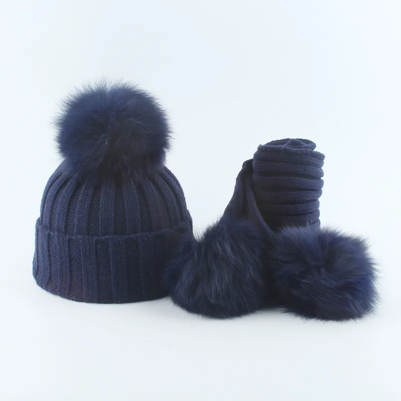 Baby Winter Hat And Scarf For Girls Boys Children Real Fox Fur Pompom Knitting Beanie Hats Kids Pom Pom Hat Y201024
