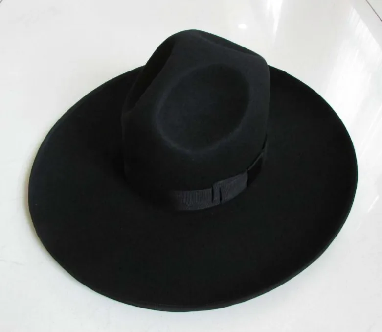 Men039s 100 chapéu de lã fedoras aba larga oversize 12cm chapéu de lã moda preto lã feltro fedora boné de lã chapéu equestre b83409420