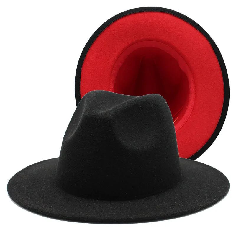 Bel232y Fake Wool Felt 2 Tone Different Color Wide Brim Women Men Fedora Hat Brown Red Patchwork Jazz Party Formal Hat with Thin Black Bel232y