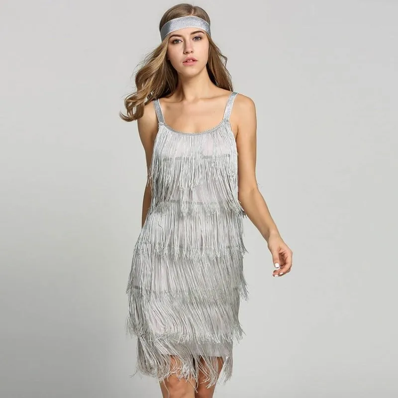 Abiti vintage anni '20 Flapper Girl Fancy Dress Great Gatsby Costumi Slash Neck Strappy Frange Swing Party Women 220314