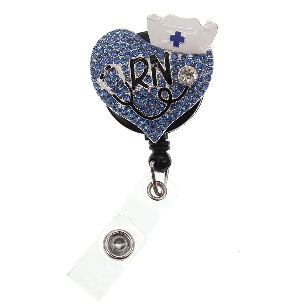 Key Rings Retractable Nurse Accessories Medical Enamel Rhinestone Crystal Love Heart RN Shape ID Badge Reel Holder With 228A